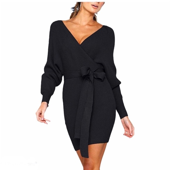 Zonsaoja | Women's Sweater Dress V Neck Long Sleeve Backless - Picture 5 of 15